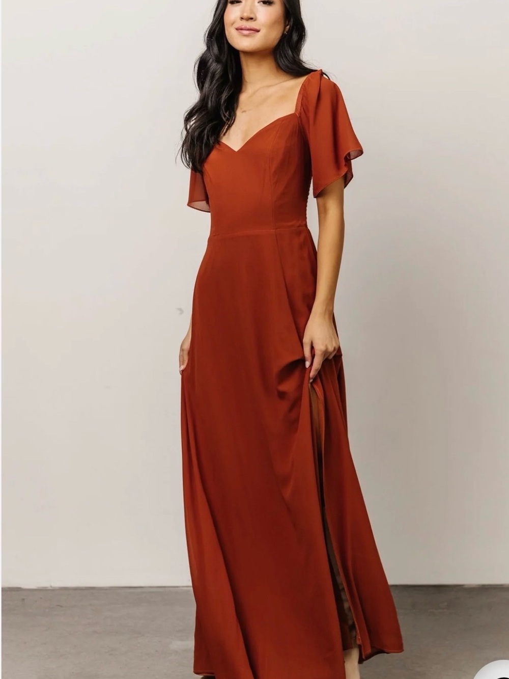 Baltic Born Rust Terracotta Chiffon Maxi Dress Flutter Sleeve Fall Bridesmaid -S